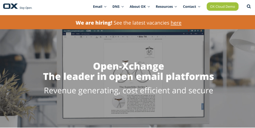 Startseite von Open-Xchange mit Vorteilen