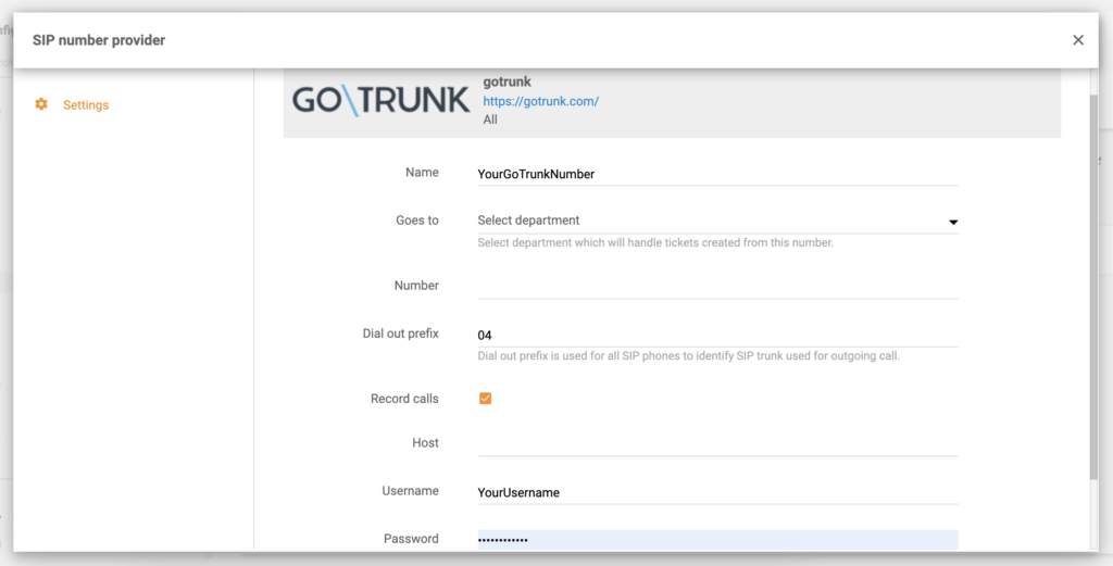 Endgültige Konfiguration von GoTrunk in LiveAgent